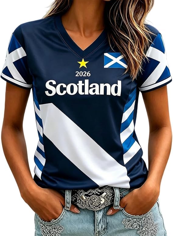 Scotland Fan Football Shirt Womens World Cup 2026 Short Sleeve Jersey Retro Graphic Printed V-Neck England Football Top Ladies Scotland T-Shirt Lightweight Fashion Summer Sports Clothing