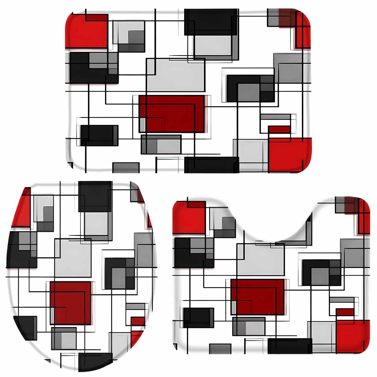 CosyBright Grey Red Black Abstract Stitching 3 Piece Bathroom Rugs Set Non-Slip Bath Rug,U Shape Mat and Toilet Lid Cover,Water Absorbent Bath Mats