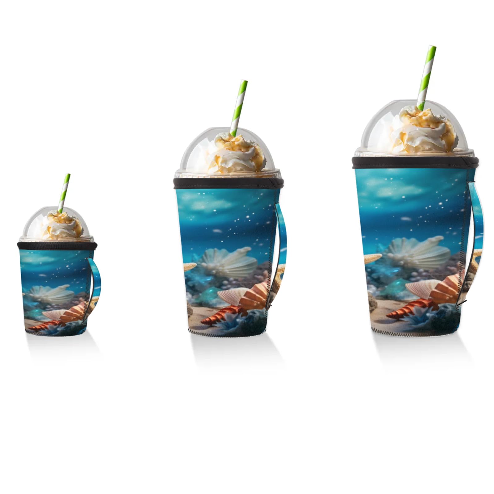 Beautiful Ocean Starfish Shells Reusable Neoprene Coffee Sleeve with Handle Insulated Iced Coffee Cup Holder Reduces Condensation Fits 24-28 oz Cups M