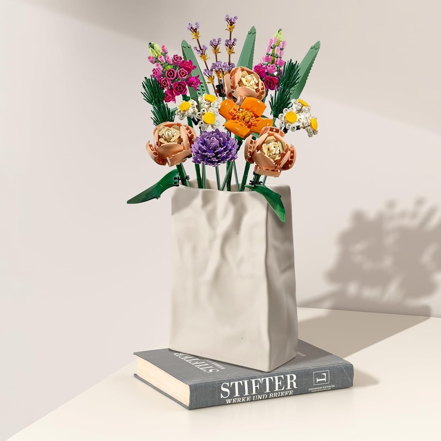 Relexome Paper Bag Vase Crinkle Wide Ceramic Flower Vase Boho Wabi-Sabi Vases, Cute Home Office Living Room Decor Aesthetic Unique Bookshelf Decorative, Bouquet Gifts for Women Girl 8 Inch: Cream White