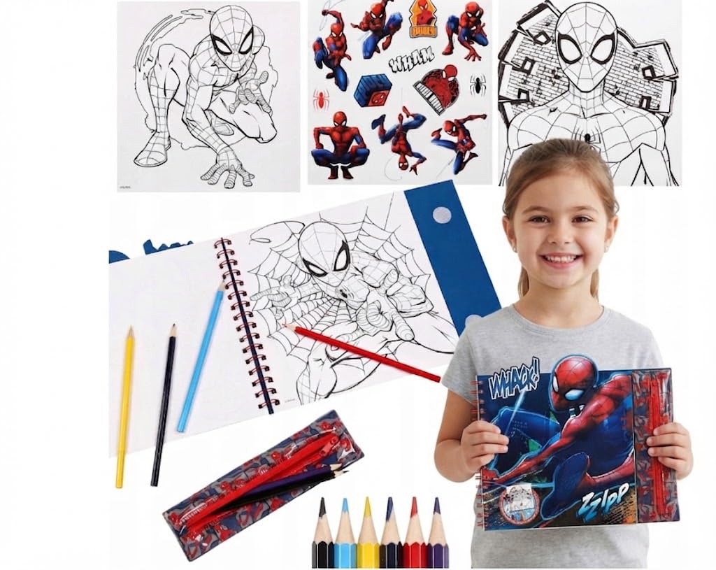 Marvel Spider-Man 3-in-1 Colouring Set with Spiral Notebook, Removable Pencil Case, 6 Coloured Pencils, 30 Colouring Pages, 2 Sticker Sheets, Kids Travel Art Activity Gift, Age 3+ - 24cm