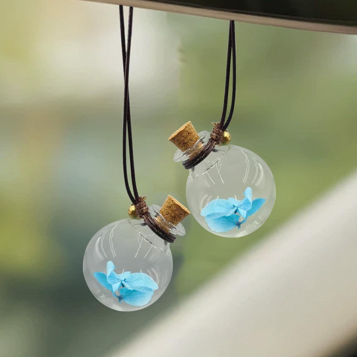 2PCS Hydrangea Car Hanging Ornament, Boho Car Rear View Mirror Charm, Auto Decoration Bottle with Flower & Bell, Auto Interior Pendant for Women (Blue)