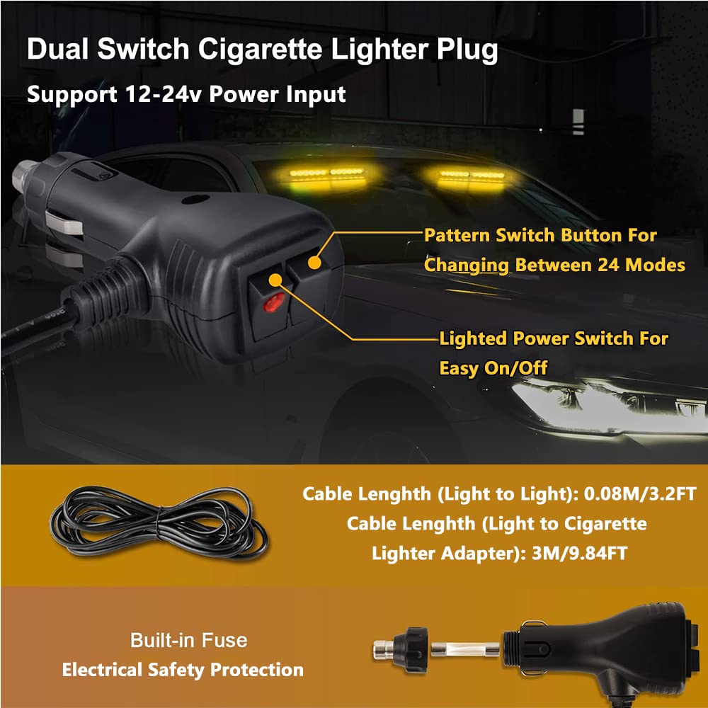 Riloer Barra de luces estroboscópicas de emergencia Dash 2 en 1 con 24 LED de alta intensidad y lentes ópticas Tir compatible con ámbar/blanco universal