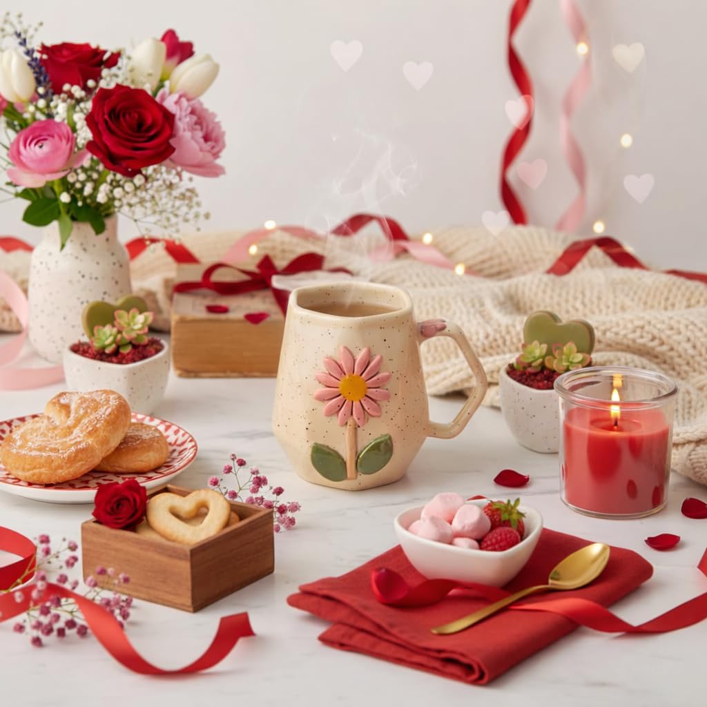 Handicrafts Handmade Ceramic Mug with Embossed Pink Daisy Design, Cream Coffee Tea Milk Cup, Gift for Girls Friends and Family, 1 Piece