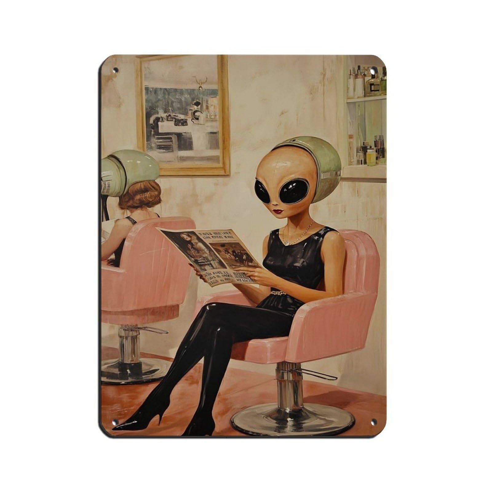 Lxwnze 30L X 40W Cm Alien Reading Newspaper,Retro Salon Decor Tin Sign Vintage Metal Pub Club Cafe Bar Home Wall Art Decoration Poster Retro 12X16inch(30X40cm)