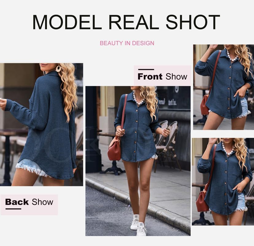 Dokotoo Womens Waffle Knit Shacket Jacket Casual Long Sleeve Button Down Shirts Dressy Blouses Tops - Image 3