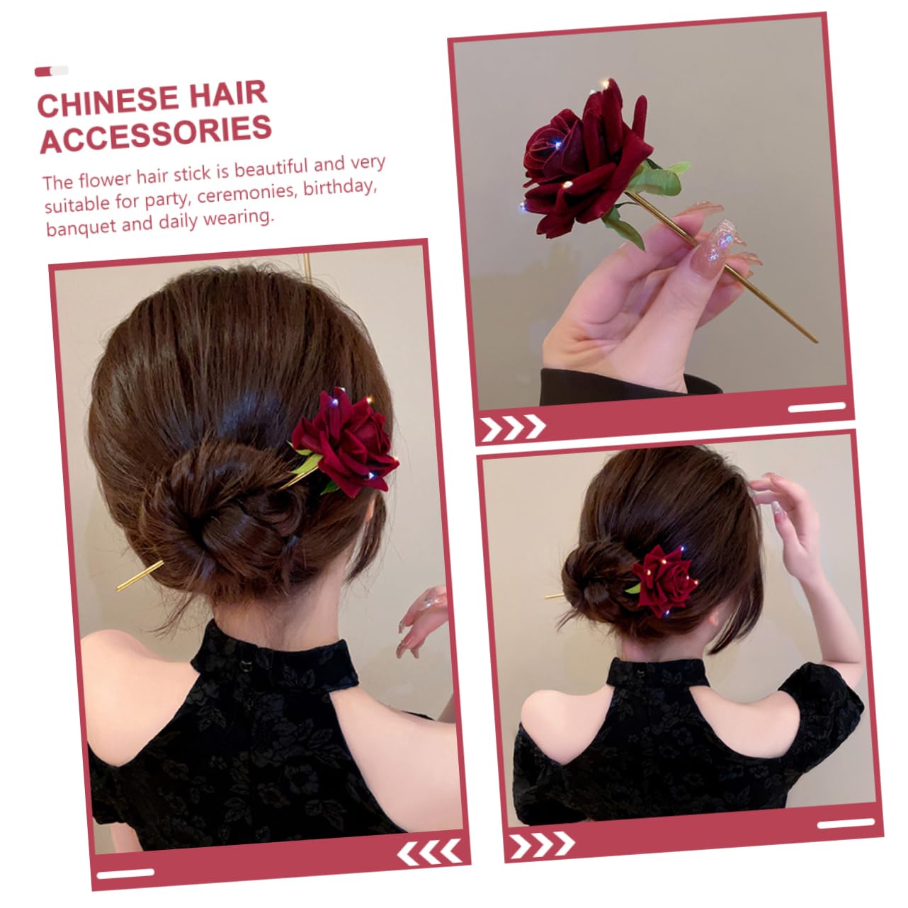 MAGICLULU Pinces à Cheveux de Luxe en Strass avec Rose Rouge pour Femmes Épingle à Cheveux de Style Chinois pour Coiffures Formelles Et Décontractées
