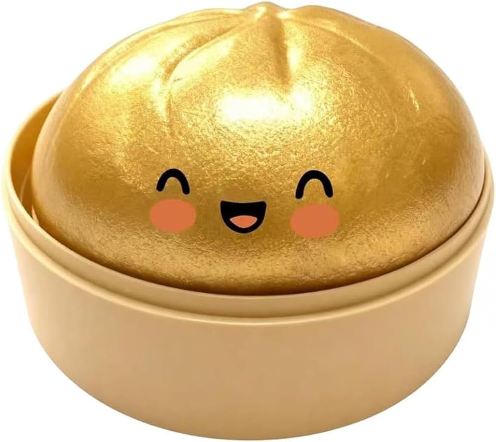 Glitter Dumpling Squishy, Mystery Glitter Dumpling Squishies with Steamer Box, Soft Squeeze Sensory Toy for Stress Relief, Suitable for Adult use in Offices and Homes(Gold)