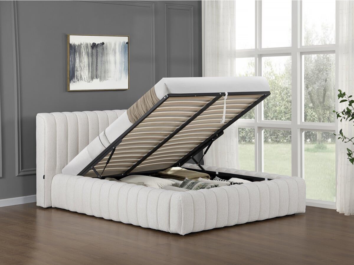 Lit double en tissu avec coffre "Tignes" - 160 x 200 cm - Beige