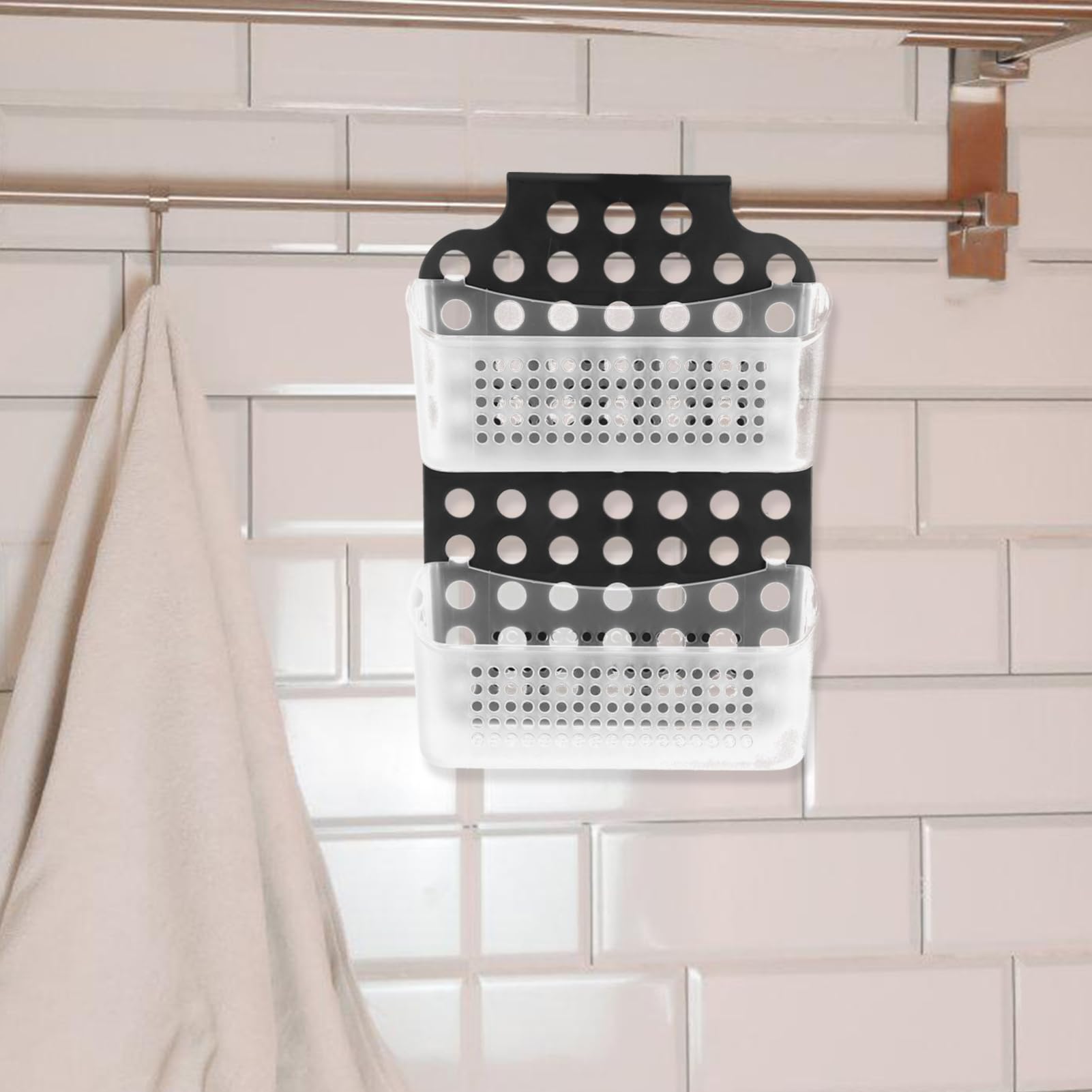 Cestino Doccia Appeso a Doppio Strato in Pp Nero, senza Foratura | Ganci Multifunzione Integrati, Design Semplice e Moderno, Soluzione Pratica per Bagno e Toilette