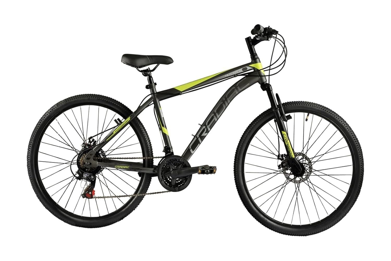 CRADIAC Stinger 21 Speed 27.5 inch Steel Geared High Performance Mountain Cycle for Men with Front Suspension & Dual disc Brakes | Ideal for 12+ Years, Unisex, Frame - 18.5 Inch (Grey/Green, 26 INCH)-image-18
