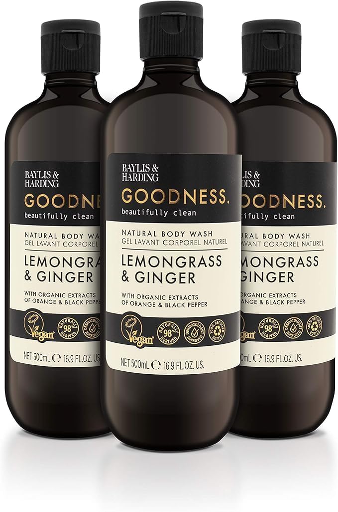 – Goodness Lemongrass and Ginger Body Wash, 500ml (Pack of 3) | Vegan | Moisturising & Hydrating | Organic Extracts | Paraben Free
