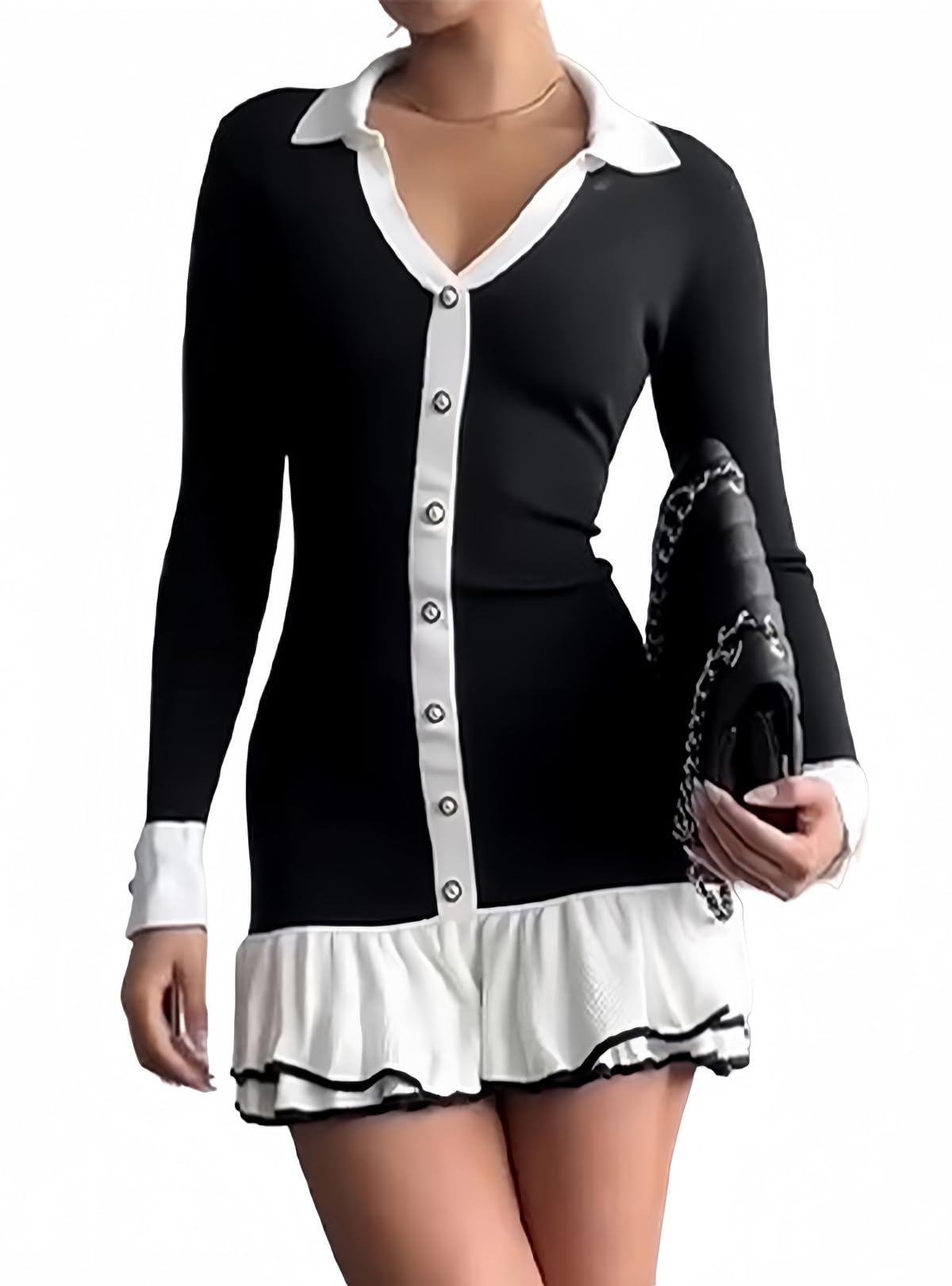 Women's Casual Ribbed Knit Button Down Collar V Neck Long Sleeve Bodycon Black and White Patchwork Mini Dress