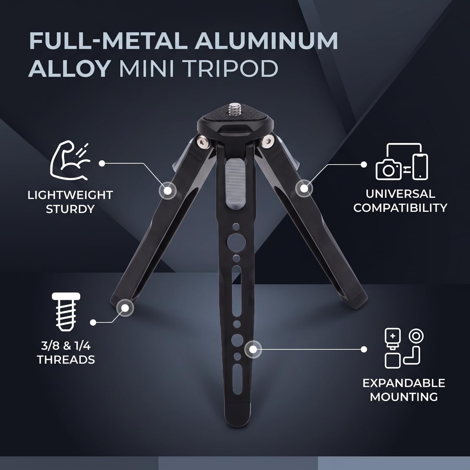 VBESTLIFE Treppiede in Alluminio per Fotocamera DSLR, Treppiede | Viti da 1/4 e 3/8 Pollici, Fori di Posizionamento, Base Leggera e Stabile per Streaming Live, Smartphone