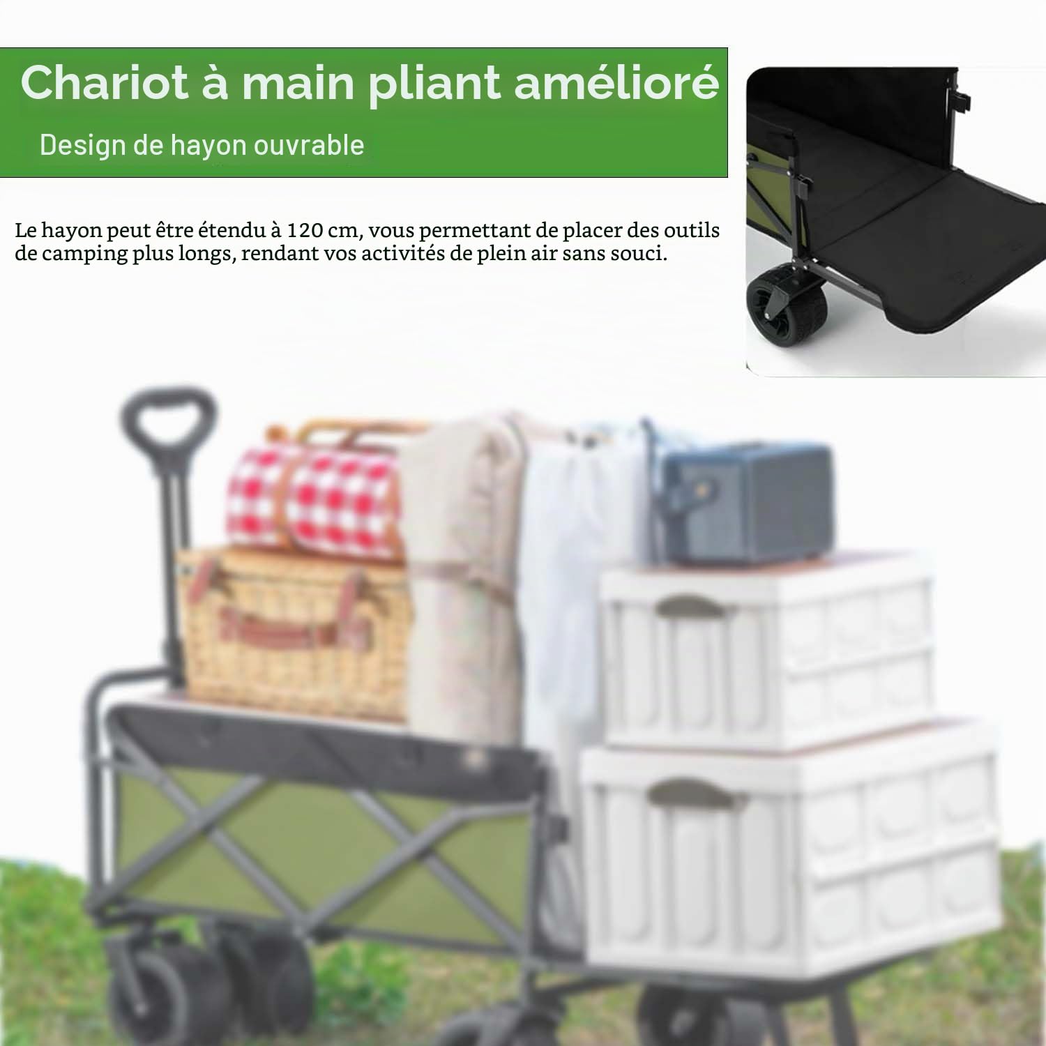 Chariot de transport pliable de 230 l avec grande capacité et hayon ouvert, charge maximale : 200 kg, avec roues tout terrain, cordes
