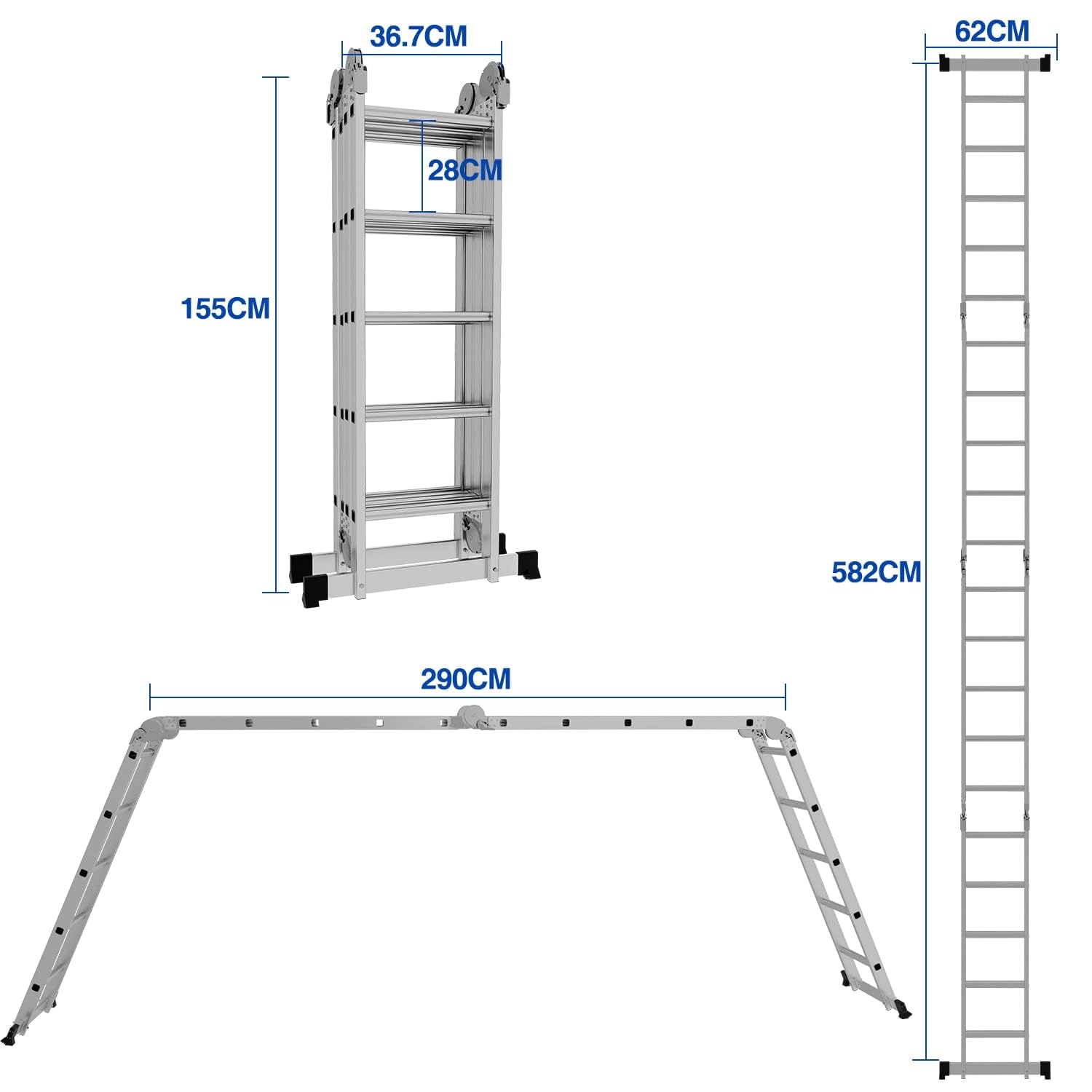 Ikodm Échelle Multifonction en Aluminium 4 x 5 marches 5,82 m 7 en 1 jusqu'à 150 kg avec 2 roulettes de Transport et 2 Plateformes