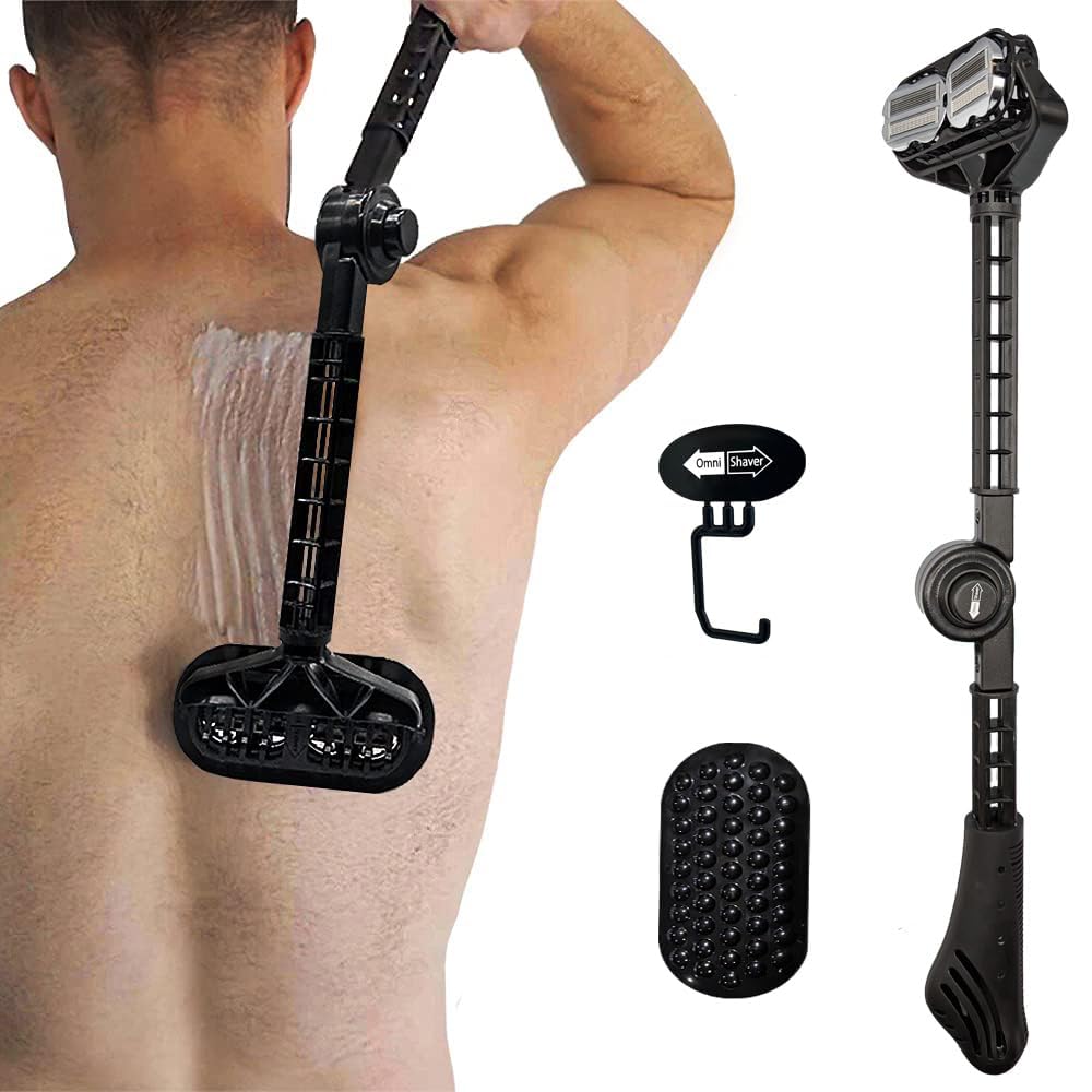 OmniShaver Ergonomic Maintenance Back Shaving Kit - Extendable Handle with Dual Shave Heads for Easy Reach - Includes Lotion Spreader - Self-Cleaning & Self-Stropping - Maintenance Back Shaver for Men