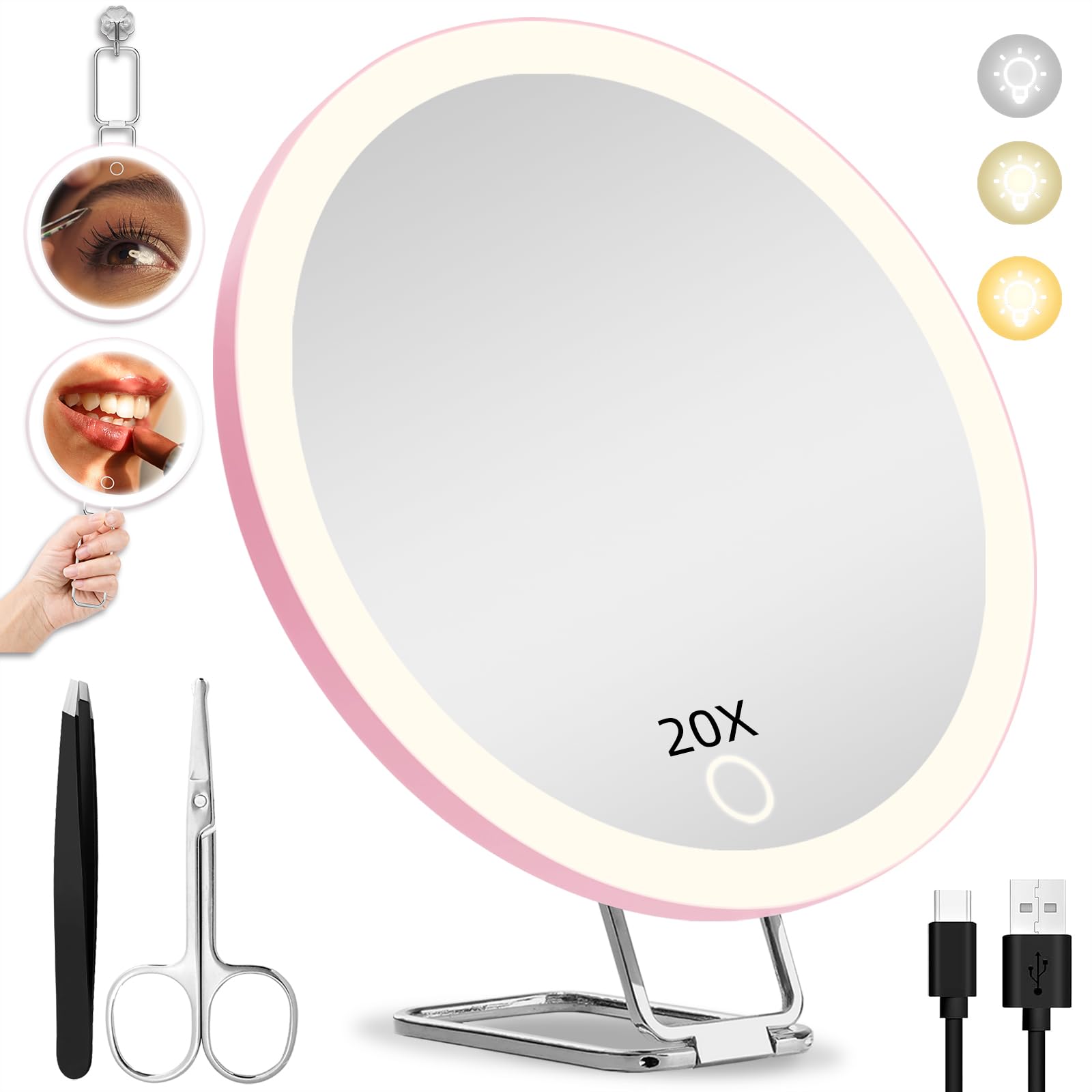 20X Magnifying Mirror with Lights, 6'' Makeup Magnification with Suction Cups and Adjustable Table Stand, 20x Travel Magnified Mirror with Tweezers & Scissors - Use for Detialed Makeup/Close-Up Tasks