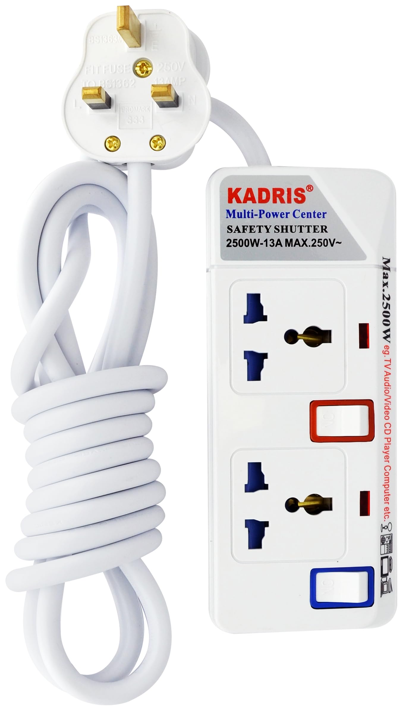 Kadris 912 Heavy Duty Power Strips Extension Cord with 2 Way Outlets and Individual Switches, 3 Meter Length, White