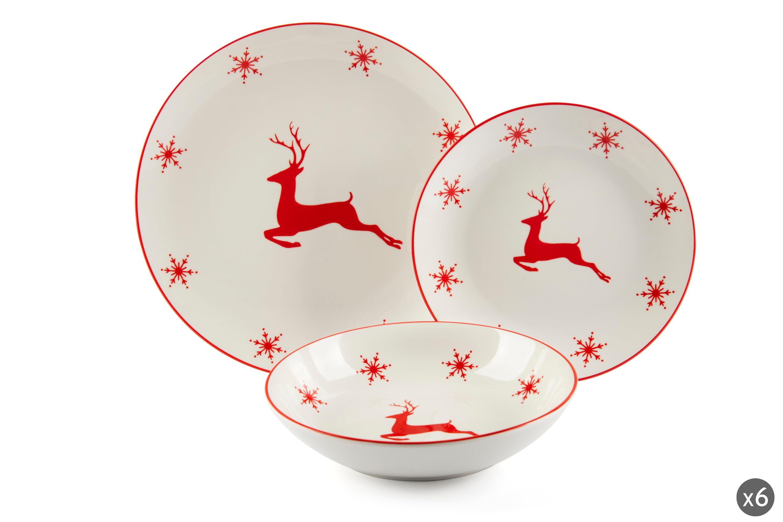 Excelsa Nordic Christmas - Juego de platos de porcelana con motivos navideños, 18 piezas, renos y copos de nieve rojos, apto para lavavajillas