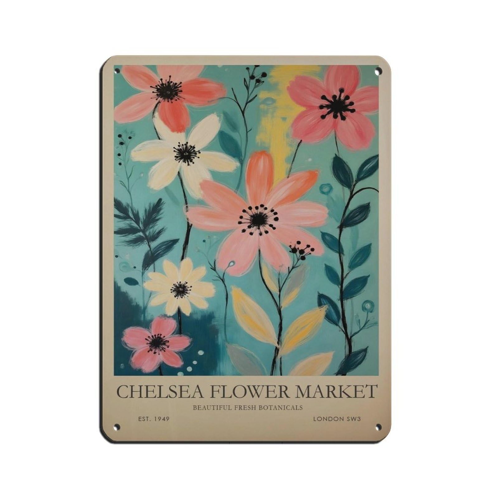 Chelsea Flower Market,pink And Blue Botanical Art Retro Poster Metal Tin Sign Chic Art Retro Iron Painting Bar People Cave Cafe Family Garage Poster Wall Decoration 12x16inch(30x40cm)