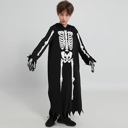 Miniatura 5 de Disfraz de Halloween que brilla en la oscuridad, capa de esqueleto aterrador, disfraz de cosplay con guantes para niños