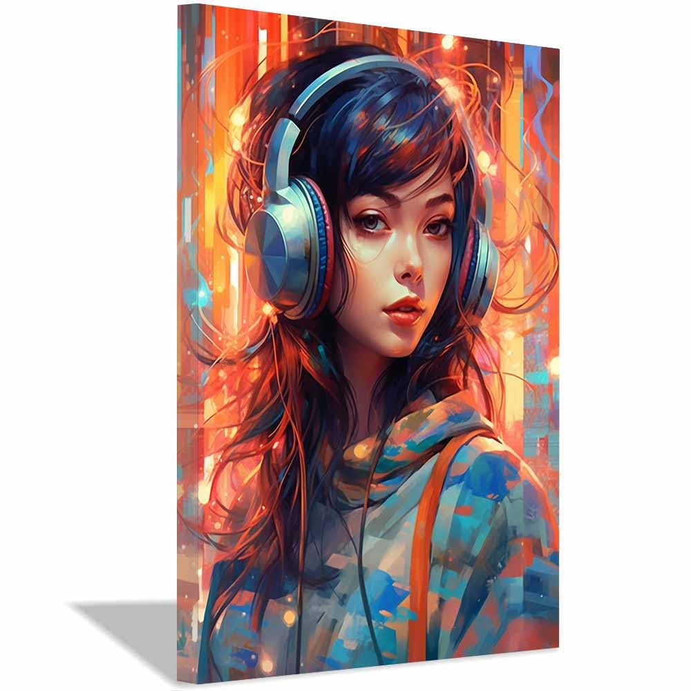 TERUEA Quadro su Tela arte Stampe da Parete, Amante Musica Cuffie Citt脿 Neon Quadri Moderni - Quadri Fiori in fiore - Decorazione Murale per Ufficio Sala yoga (Arancione)-80x120cm Incorniciato