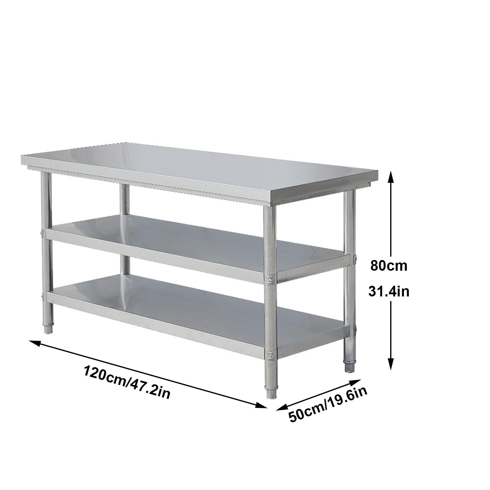 Mesa de Trabajo de Acero Inoxidable con Isla de Cocina Comercial y Estante de 3 Niveles, 120 x 50 cm, Ideal para restaurantes y Uso doméstico, diseño Alargado y Duradero.