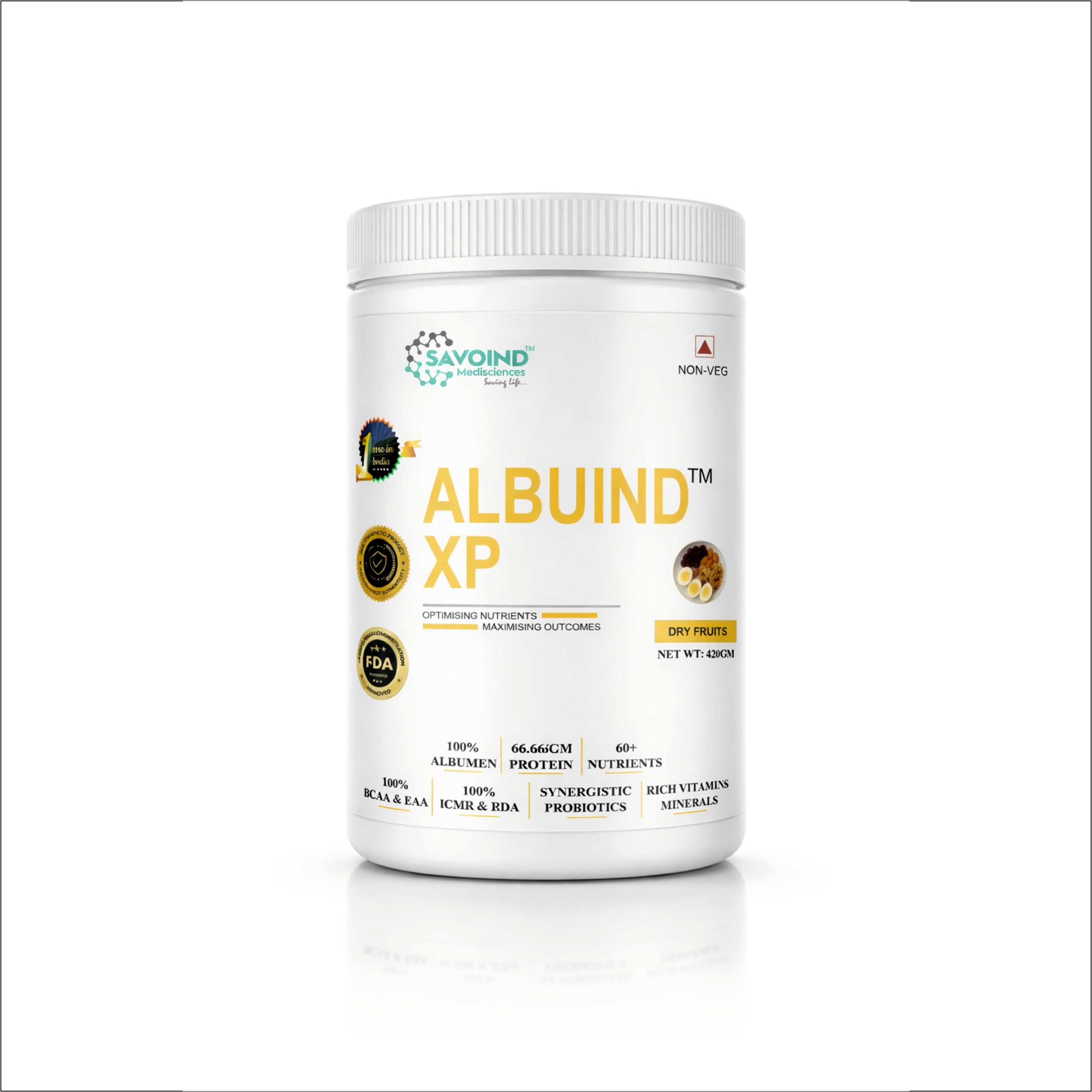 ALBUIND XP Protein Powder with Dry Fruits | 66.66% Protein, 100% Albumen & BCAA + EAA | Vitamins, Minerals & Probiotics Supplement | 420gm-image-34