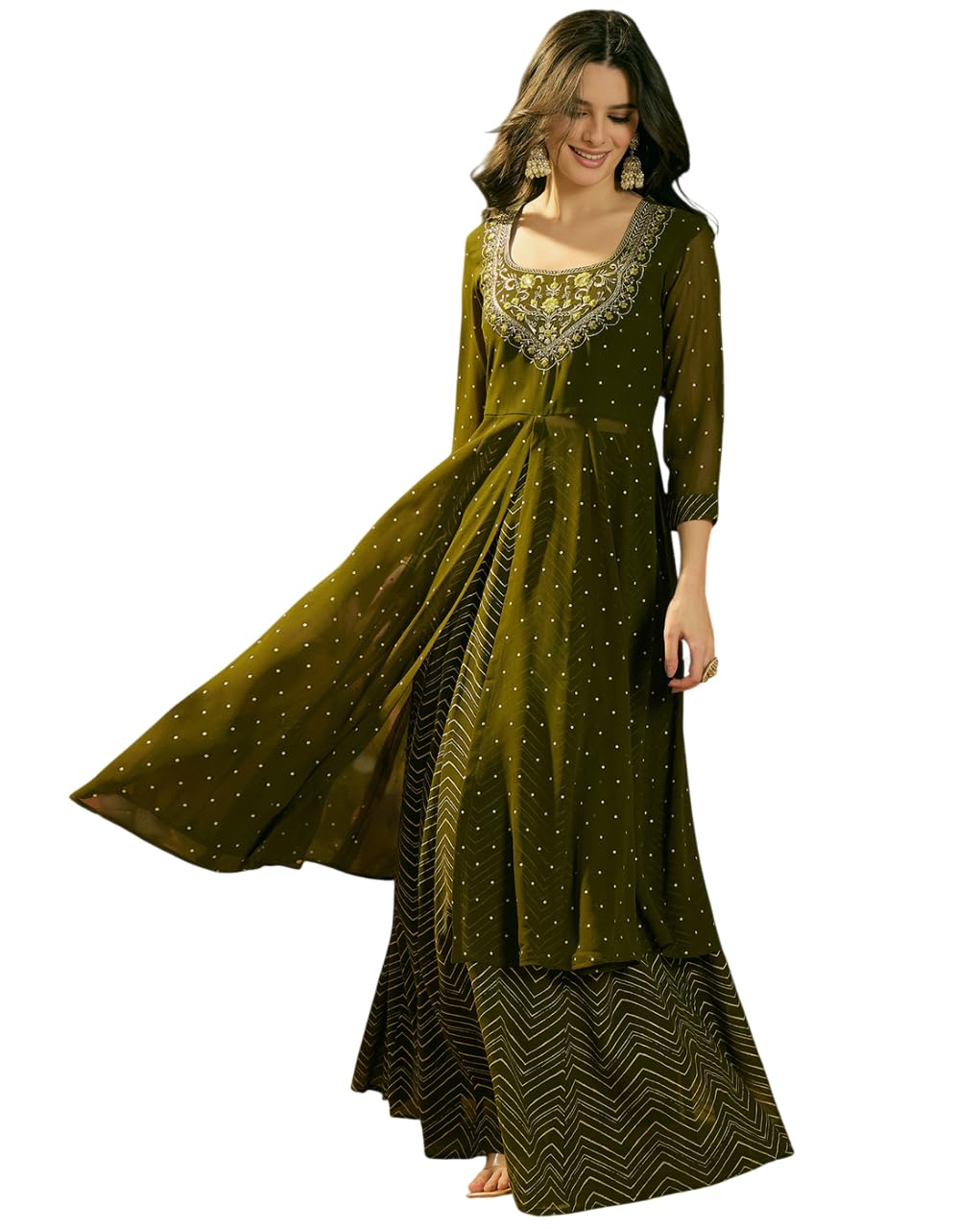 Women Zari Sequin EmbroideFoil Print Kurta Skirt Set-image-44