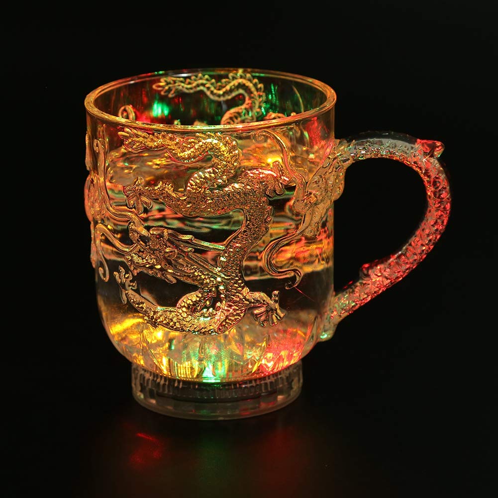 Flash Light Up Cups Glasses, Dragon Pattern Color Changing Coffee Mug LED Automatic Luminous Cup Glowing Wine Glasses with Handle for Bar, Night Club, Party