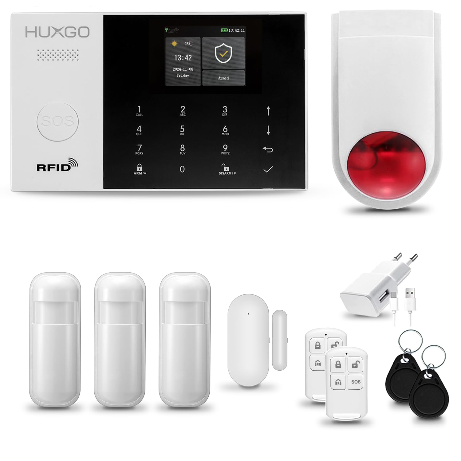 Kit de Alarma para casa WiFi + gsm con Sirena inalámbrico | Alarma hogar Kit con 3 sensores PIR de Movimiento y 1 Sensor de Puerta/Ventana | Control Desde el teléfono | HUXGO® HXA005
