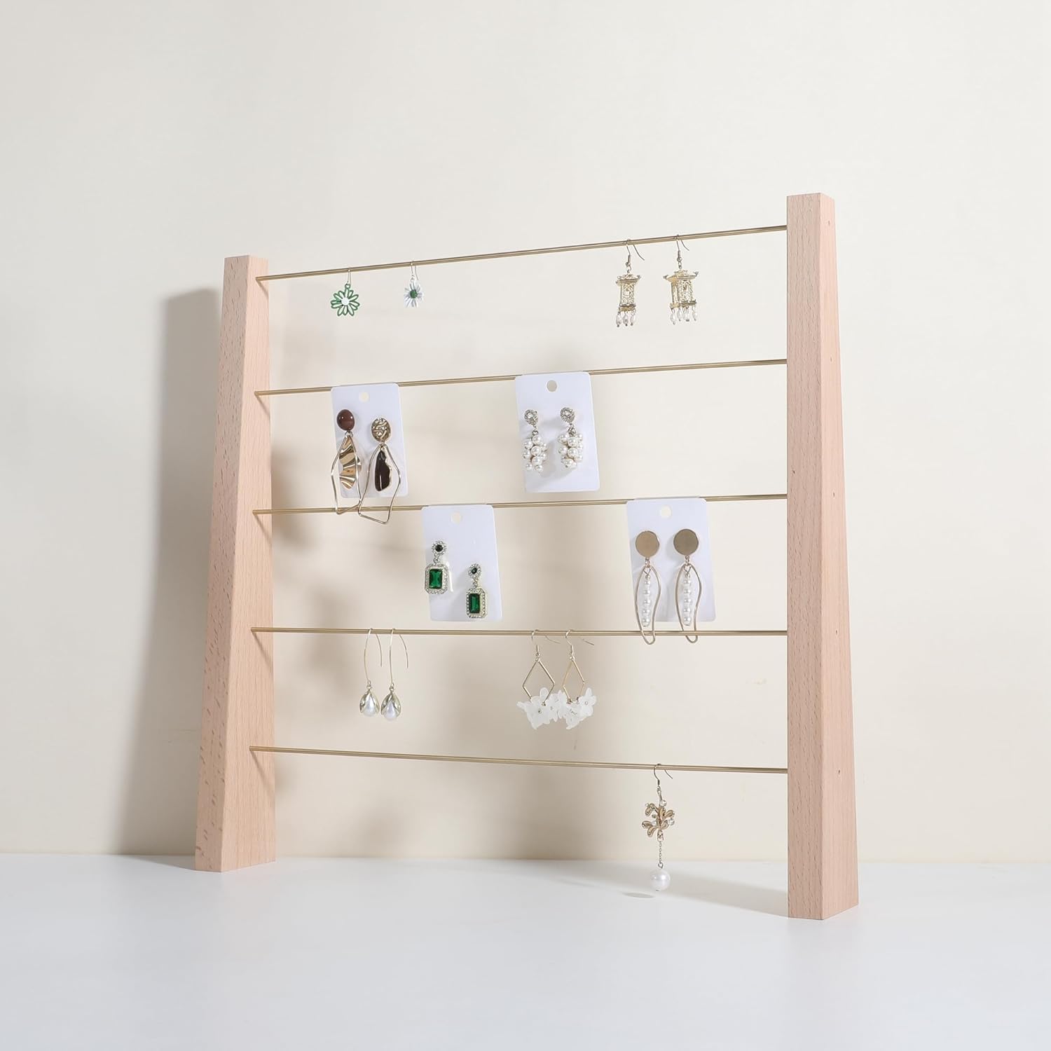 GemeShou 5 Tiers Beech Earring display stands for selling, Wooden Jewelry Shelf, Earring Storage Organizer, Brass earring holders with 30 PVC cards for stud Dangle Hoop【Beech 5-Tier】