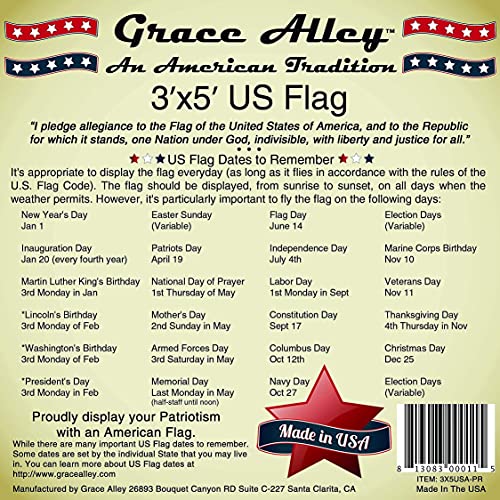 Grace Alley US FLAG EM American Flag: 3X5 Ft Us Flag - 100% Made In Usa. Embroidered Stars, Sewn Stripes And Brass Grommets. Fade Resistant, Heavy Duty, Long Lasting Nylon For Outdoor Durability. thumb #8