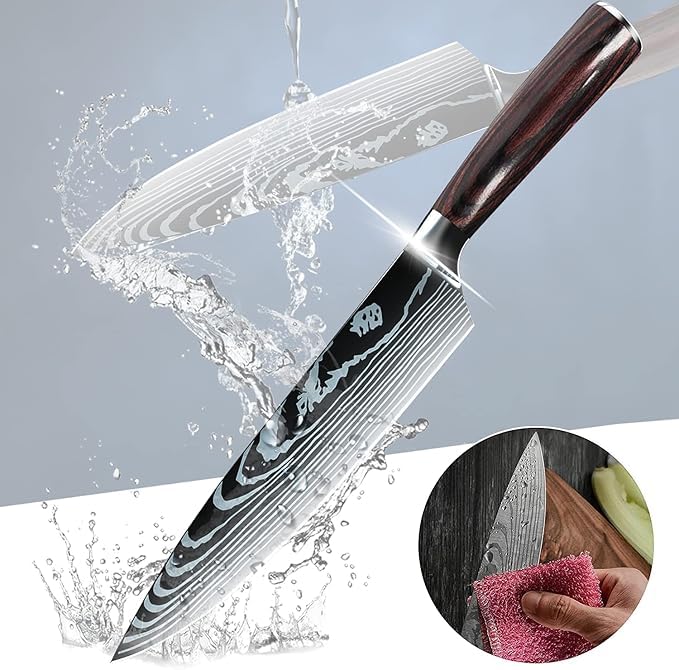 Image of Professional Chef Knife - 8 Inch Japanese Style Kitchen Knife with Hammered Stainless Steel Blade & Wood Handle-Ultra Sharp Multipurpose for Vegetables & More (Megnet Box)