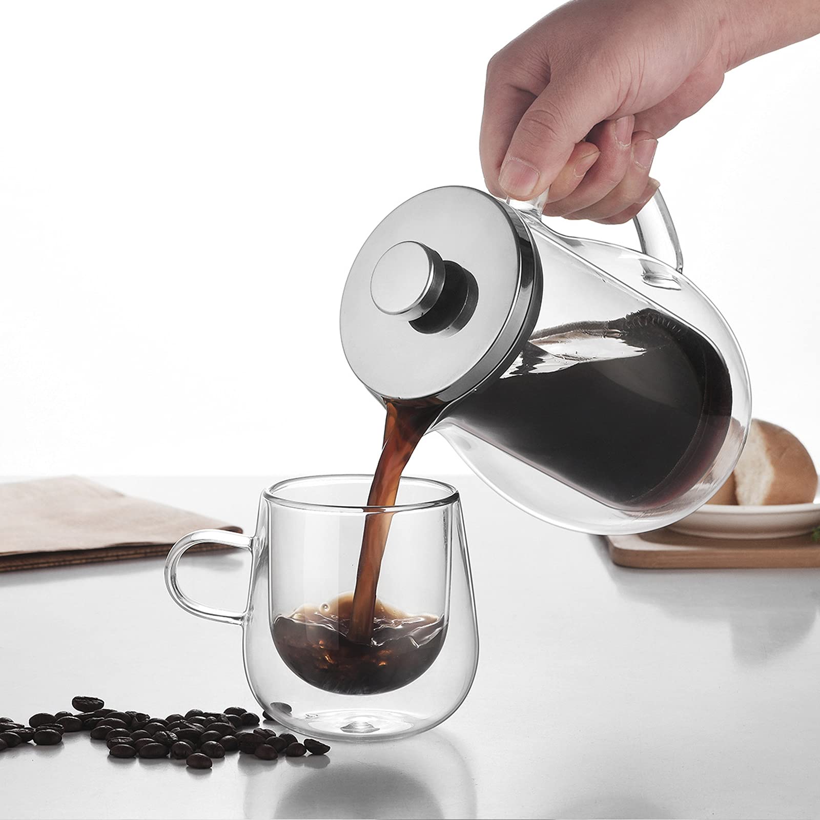 French Press zaparzacz do kawy dzbanek do herbaty podwójna ścianka szkło borokrzemowe 304 system filtracji ze stali nierdzewnej przezroczysta prasa do kawy, bursztyn, 600 ml