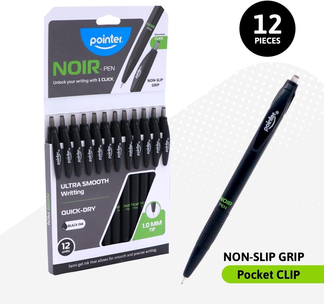 Pointer Noir Retractable Pens - With Fine Precision Tip Semi-Gel Black Ink Smooth Flow and Managable Writing Non-Slip Grip, A Quick-Dry, Comfortable Long-Lasting For Student & Professional - 12-Pack image 4