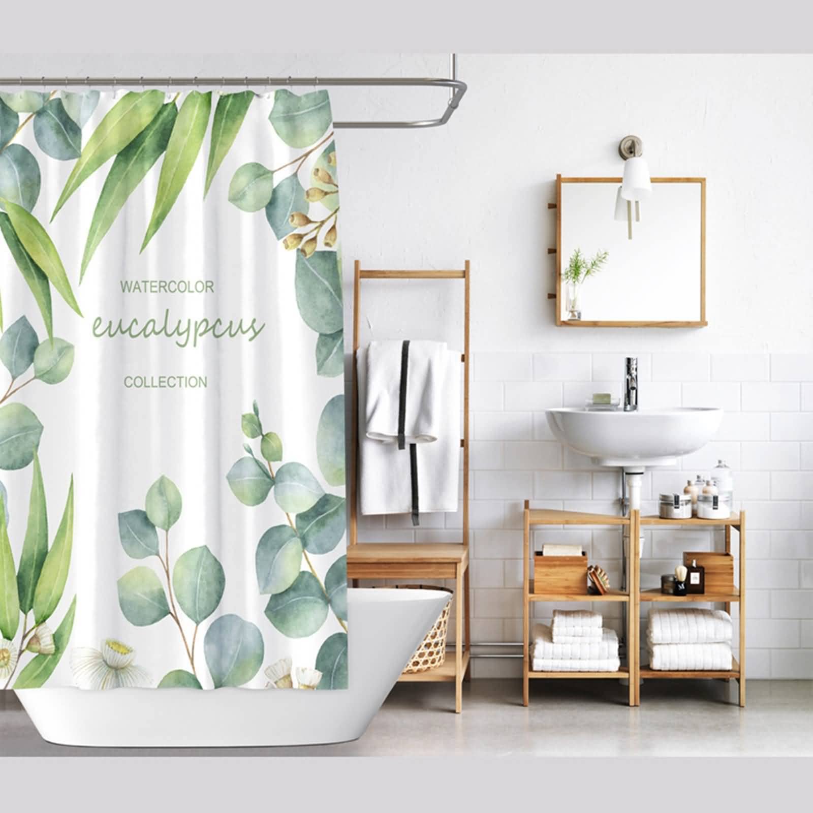 Tenda Doccia Antimuffa 180x200, Poliestere Bianco Verde Foglie E Fiori Tenda doccia con Grommets e ganci