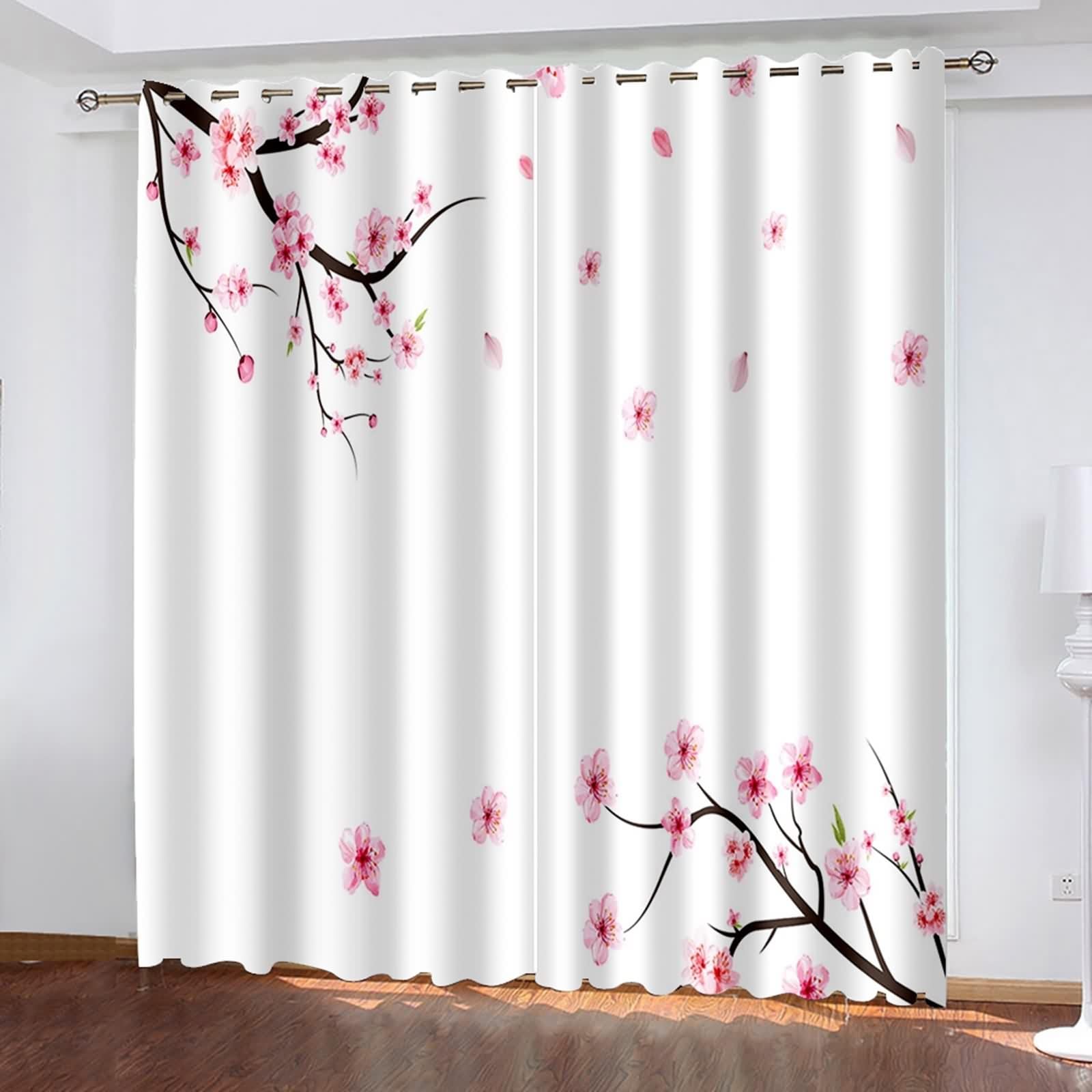 Rideau Anniversaire, Rideau Chambre Rose Noir Blanc Polyester Branches de Cerisier 152L x 244H CM Lot de 2