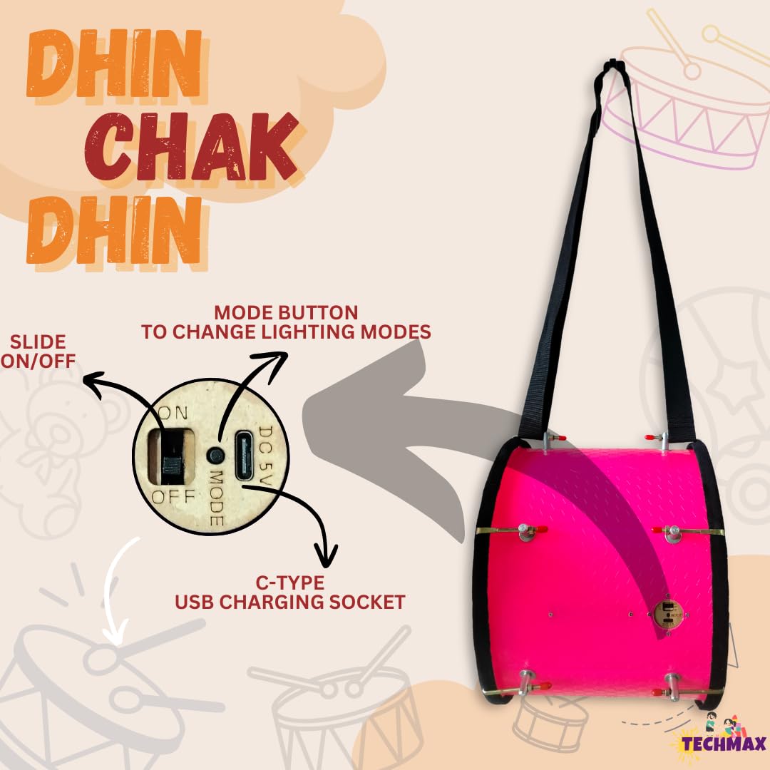 Lighting Dholak Tasha - Sensor Based - Rechargeable (Pink - Double Side - 11.5 INCH) 2
