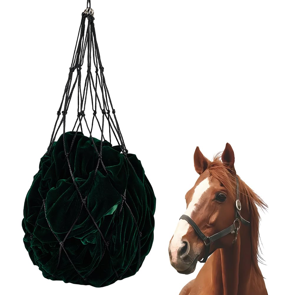 GORGECRAFT Slow Feed Hay Net 40" Length Black Rope Hanging Horse Slow Feed Hay Bag Adjustable Portable Woven Mesh Supplies Travel Feeder Nets Hay Bags with 2" Holes for Horses Goat Sheep Stall