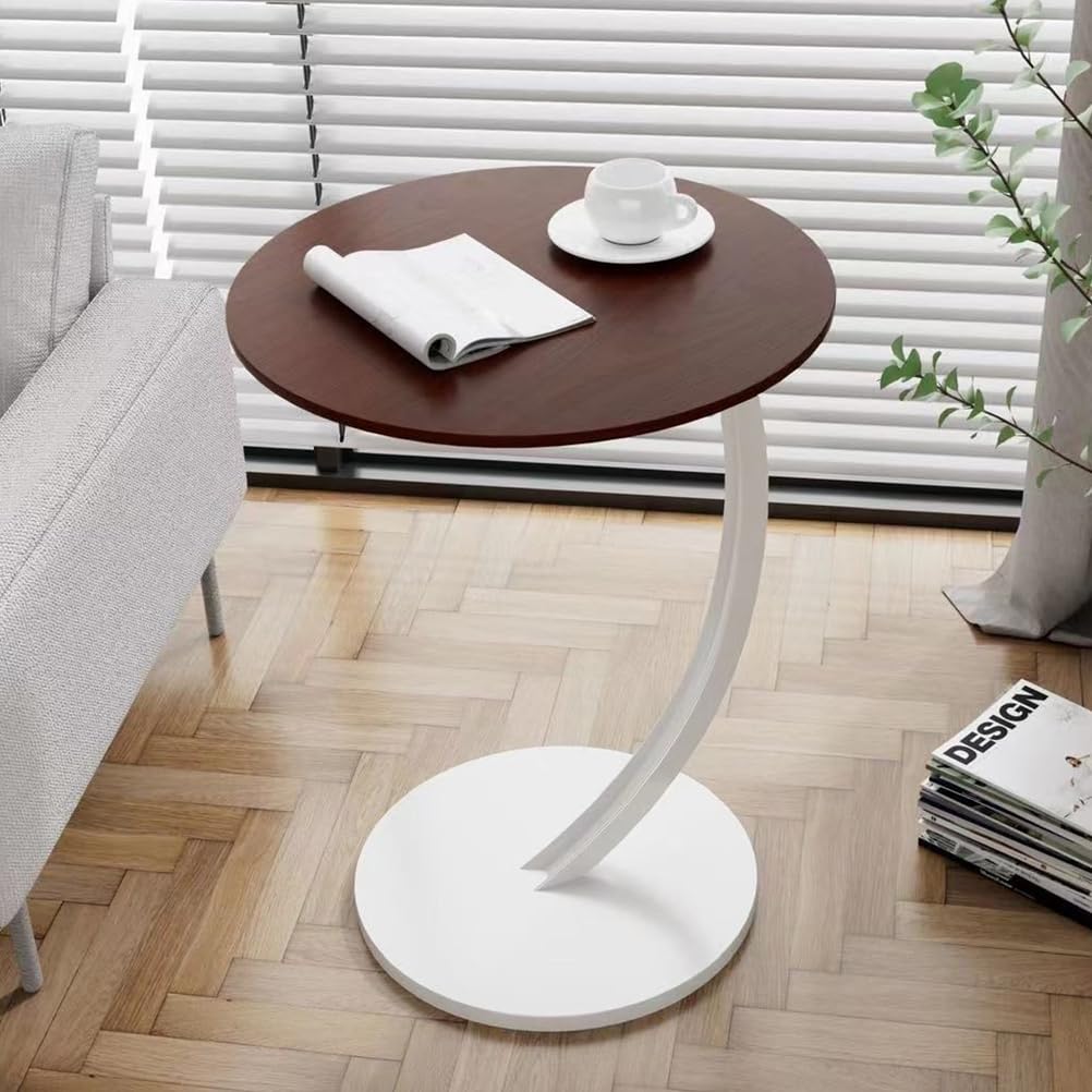 SXZenSpace Round Side Table,C Shaped End Tables for Couch, Bed and Sofa,Slide under Sofa Tray Desk Living Room Bedroom,TV Table Narrow Space,Walnut,white frame