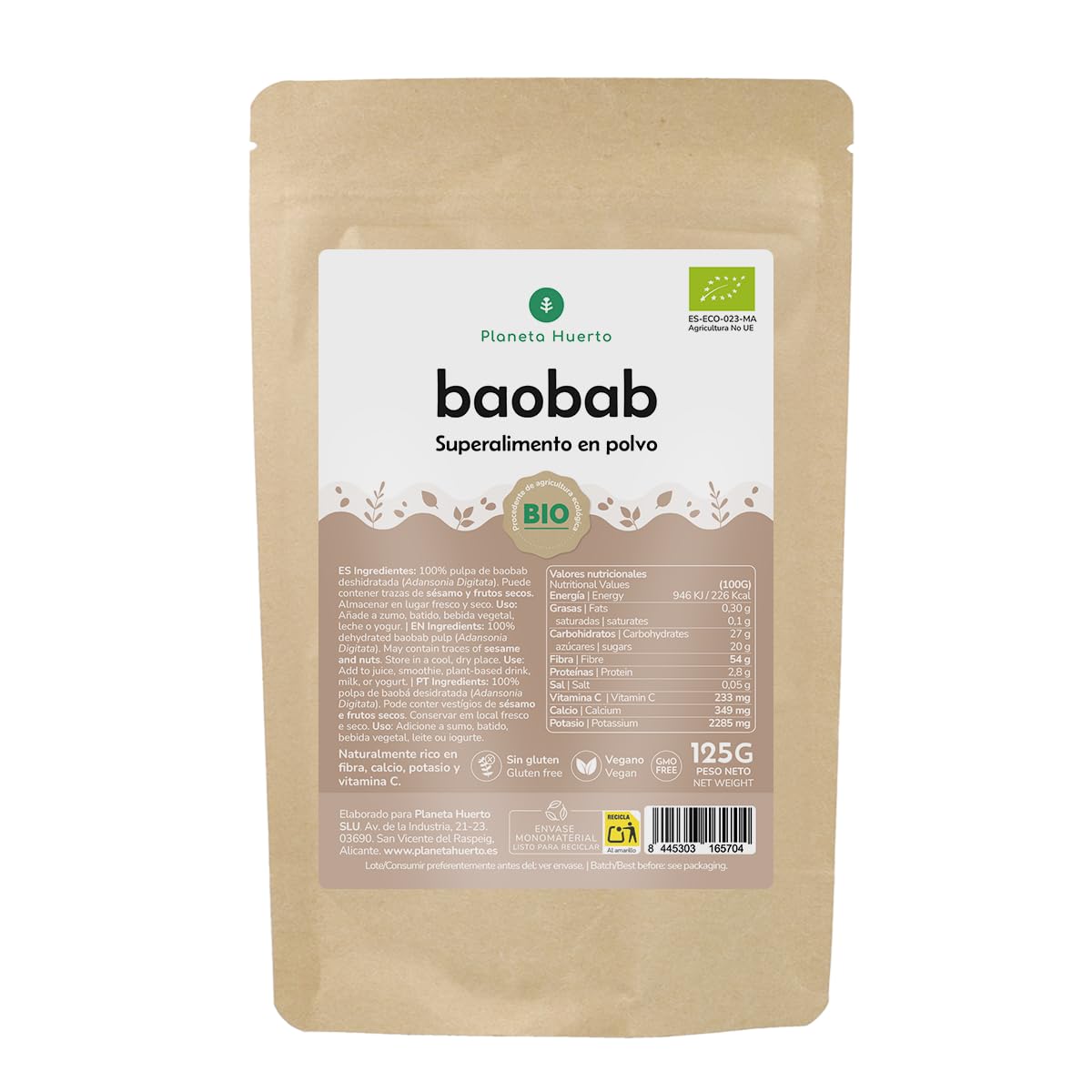 Baobab en Polvo Ecológico 125 g - Superalimento Natural Rico en Vitamina C y Antioxidantes