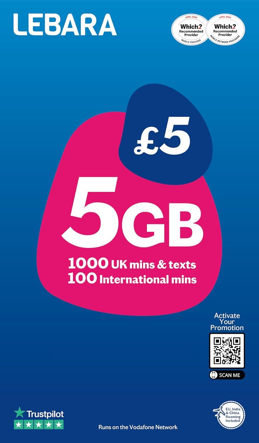 Lebara SIM Card: 5GB for £2.50, Half Price for First 3 Months, No Contract, UK Calls, UK Texts and International Calls Included, Multi-size, Fits All Devices