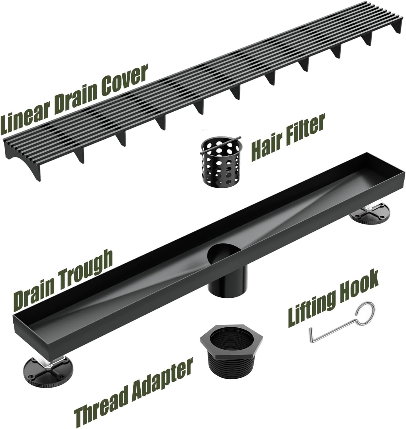 BARONAGE Black Linear Drain 24 Inch, Upgraded Linear Shower Drains with Wedge Wire Cover, Rectangle Shower Floor Drain Fast Drainage for Bathroom with Accessories