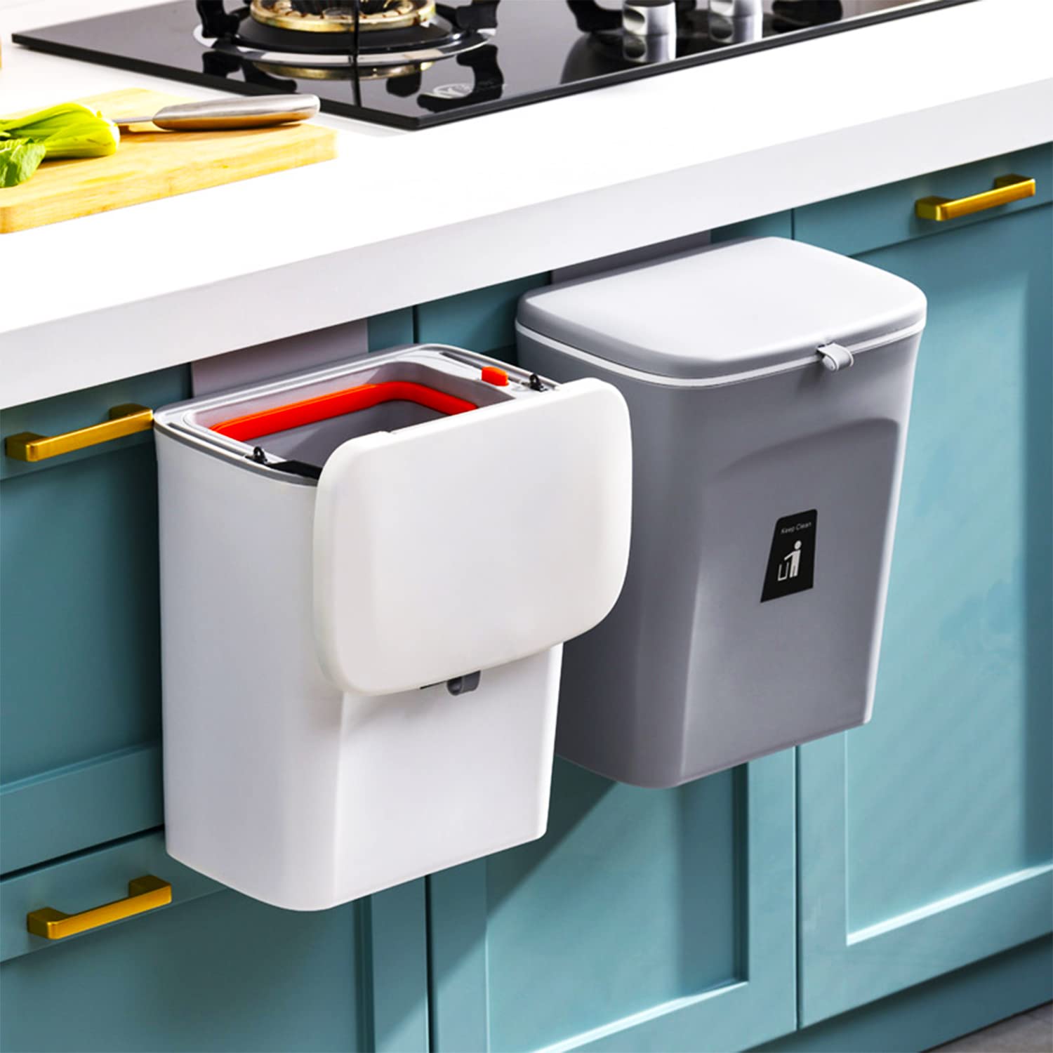 PULASSI 2.4 Gallon Kitchen Hanging Trash Can with Lid for Counter Top or Under Sink, Compost Bin with Inner Bucket, Wall-Mounted Garbage Can for Cupboard/Bathroom/Bedroom/Office/Camping (Grey)