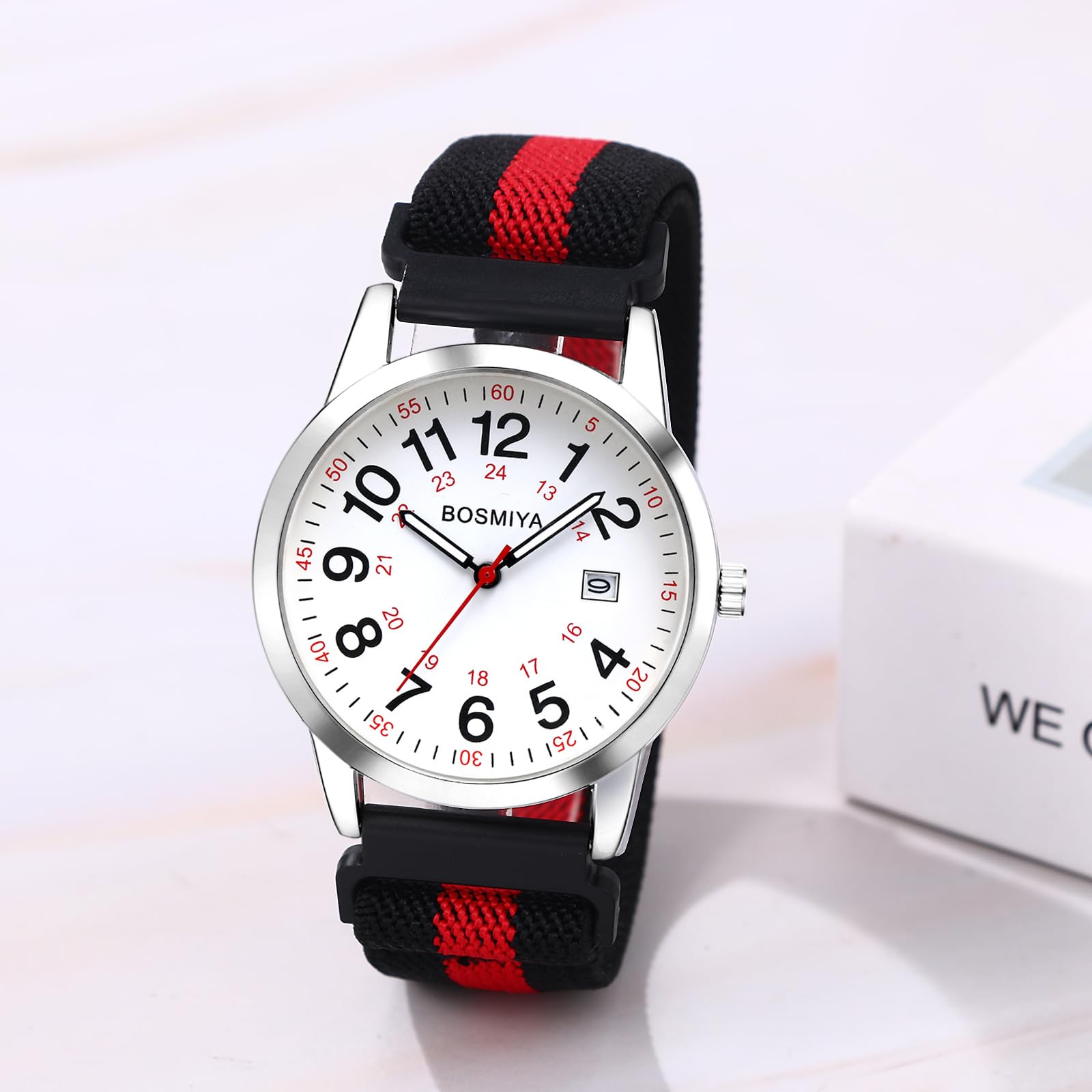 JewelryWe Zegarek z plecionym elastycznym paskiem materiałowym: 4 sztuki, dla kobiet i mężczyzn, analogowy, kwarcowy, kolorowy, nylonowy, tkany, rozciągliwy, dla seniorów, zegarek z dużymi cyframi 12