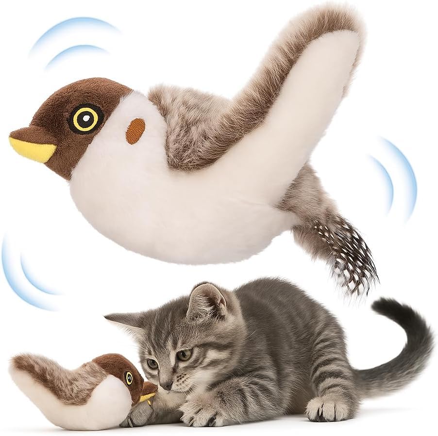 Interactive Cat Toy Flapping Bird, Lifelike Sandpiper with Chirp Sound, Touch Activated Catnip Bird Toy