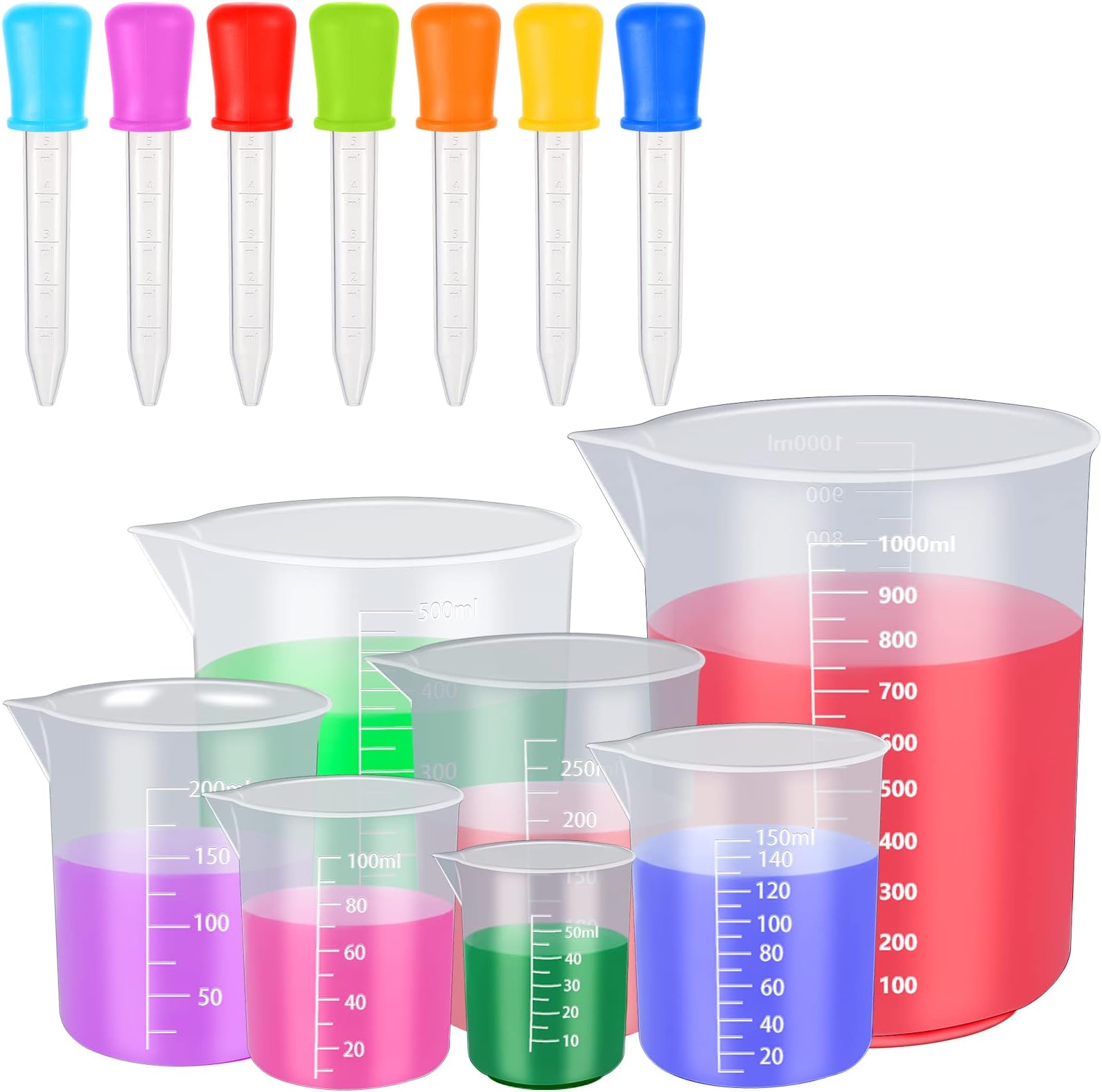 7 Pack Measuring Cups with 7Pcs Silicone Droppers, Heat Resistant Measuring Jugs Set Plastic Jug Beakers Labs Graduated Beakers Mixing Cups Liquid Baking Cooking Measure Tool