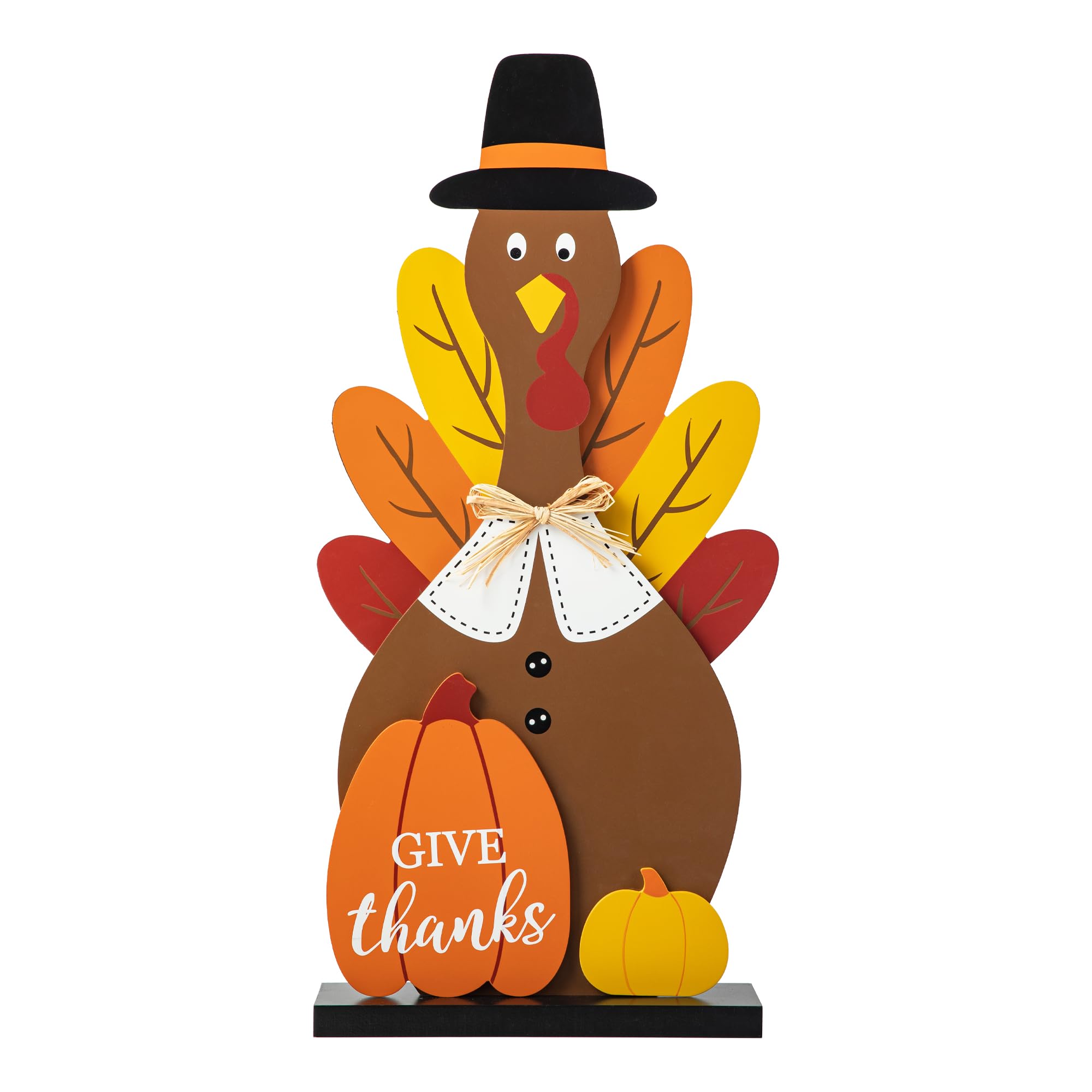 Glitzhome Decoración de porche de madera de Acción de Gracias de 31 pulgadas de alto con base de madera maciza, bonito pavo con sombrero negro, decoración de patio con calabaza para entrada al aire